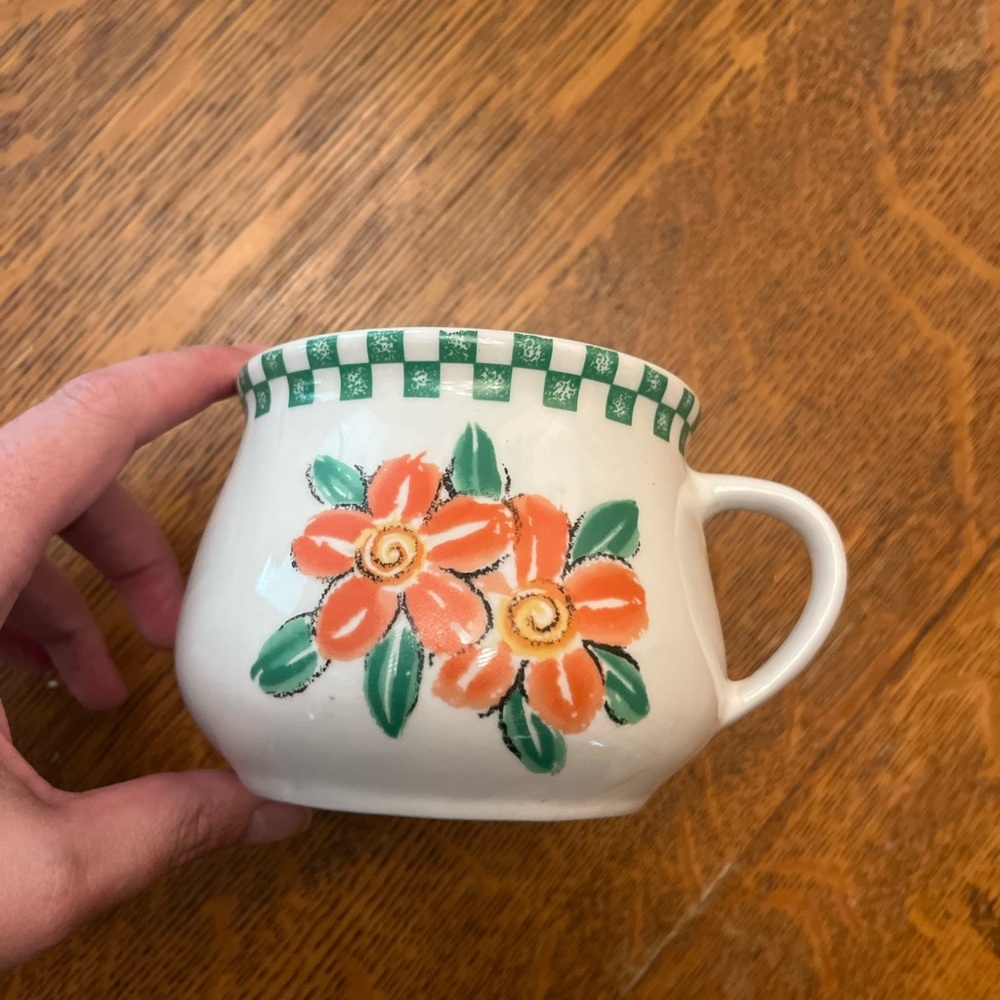 Vintage Tangshan China Mug - hand painted orange flower and green checker rim